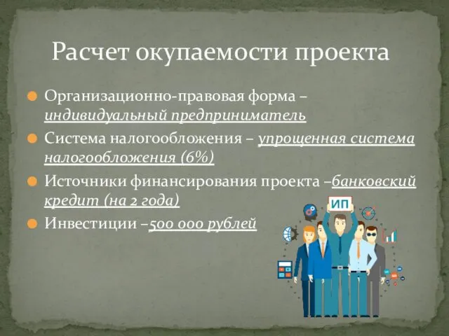 Расчет окупаемости проекта Организационно-правовая форма – индивидуальный предприниматель Система налогообложения –