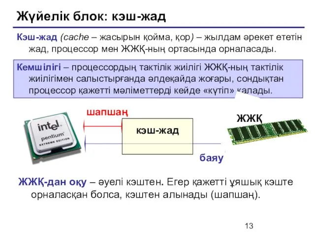 Жүйелік блок: кэш-жад Кэш-жад (cache – жасырын қойма, қор) – жылдам