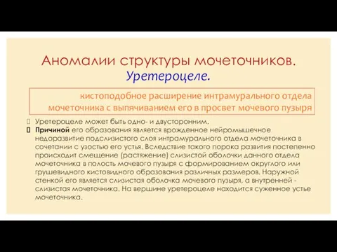 Аномалии структуры мочеточников. Уретероцеле. кистоподобное расширение интрамурального отдела мочеточника с выпячиванием