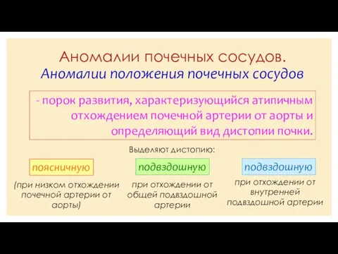 Аномалии почечных сосудов. Аномалии положения почечных сосудов - порок развития, характеризующийся