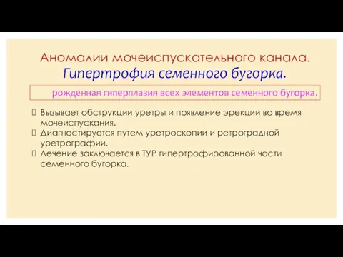 Аномалии мочеиспускательного канала. Гипертрофия семенного бугорка. рожденная гиперплазия всех элементов семенного