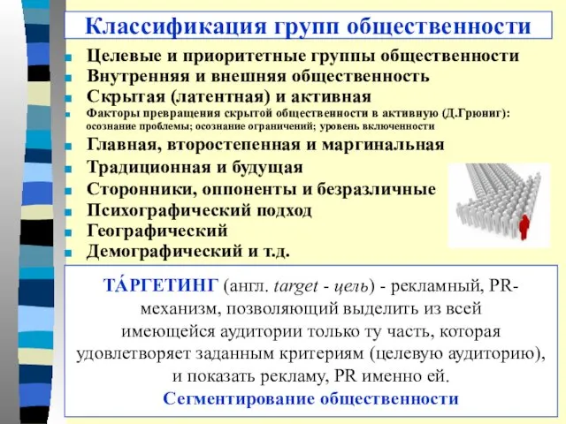 Классификация групп общественности Целевые и приоритетные группы общественности Внутренняя и внешняя