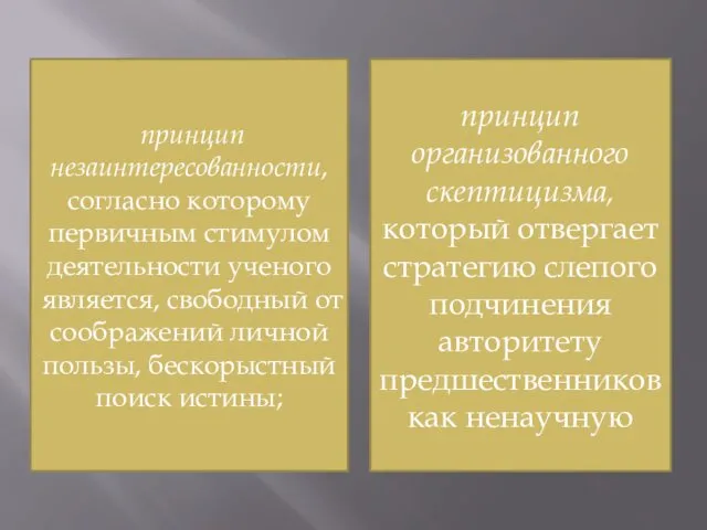 принцип незаинтересован­ности, согласно которому первичным стимулом деятельности ученого явля­ется, свободный от