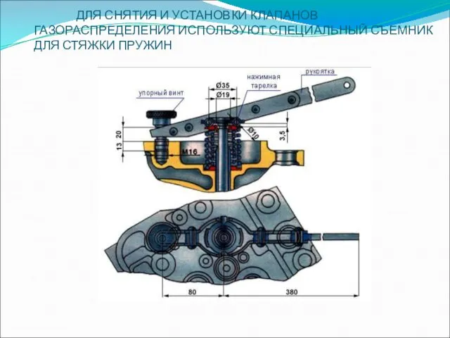 ДЛЯ СНЯТИЯ И УСТАНОВКИ КЛАПАНОВ ГАЗОРАСПРЕДЕЛЕНИЯ ИСПОЛЬЗУЮТ СПЕЦИАЛЬНЫЙ СЪЕМНИК ДЛЯ СТЯЖКИ ПРУЖИН