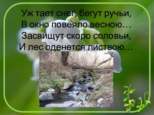 Уж тает снег, бегут ручьи, В окно повеяло весною… Засвищут скоро соловьи, И лес оденется листвою…