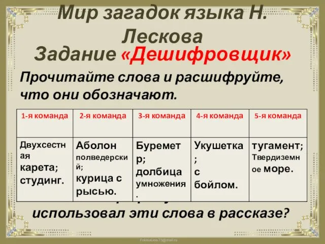 Мир загадок языка Н. Лескова Задание «Дешифровщик» Прочитайте слова и расшифруйте,