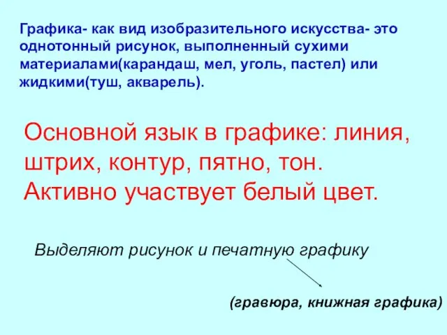 Графика- как вид изобразительного искусства- это однотонный рисунок, выполненный сухими материалами(карандаш,