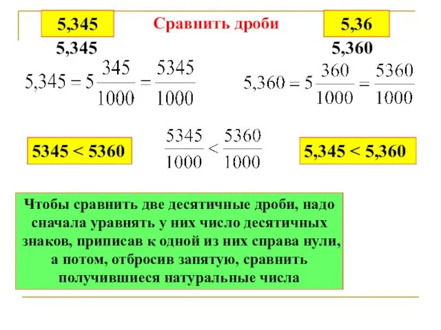 5,345 5,36 5,345 5,360 5345 5,345 Чтобы сравнить две десятичные дроби,