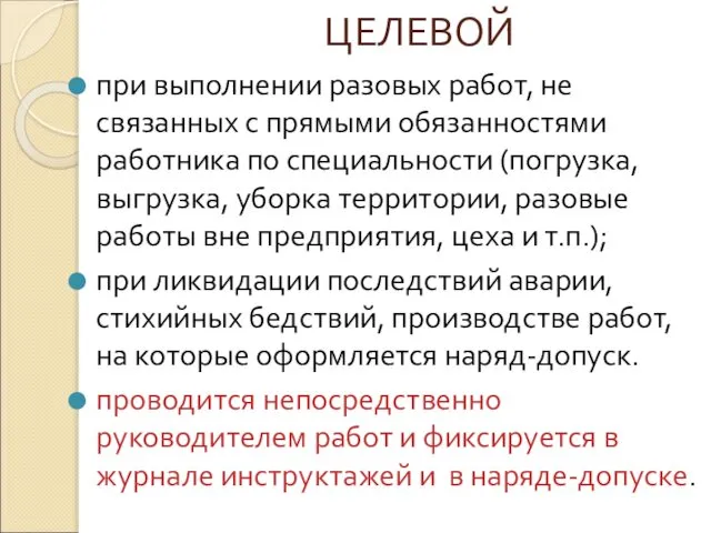 ЦЕЛЕВОЙ при выполнении разовых работ, не связанных с прямыми обязанностями работника