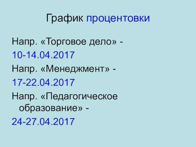 График процентовки Напр. «Торговое дело» - 10-14.04.2017 Напр. «Менеджмент» - 17-22.04.2017 Напр. «Педагогическое образование» - 24-27.04.2017