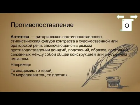 Противопоставление Антитеза — риторическое противопоставление, стилистическая фигура контраста в художественной или