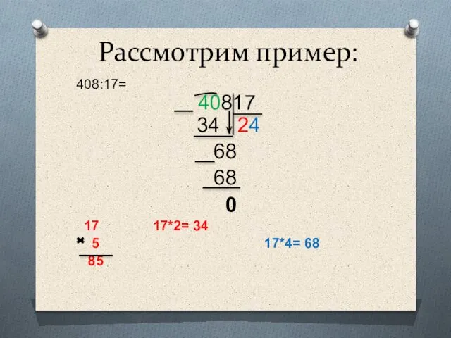 Рассмотрим пример: 408:17= 40817 34 24 68 68 0 17 17*2= 34 5 17*4= 68 85