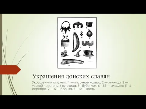 Украшения донских славян Украшения и амулеты: 1 — височное кольцо, 2