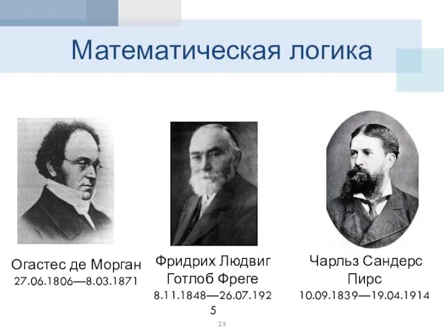 Математическая логика Огастес де Морган 27.06.1806—8.03.1871 Фридрих Людвиг Готлоб Фреге 8.11.1848—26.07.1925 Чарльз Сандерс Пирс 10.09.1839—19.04.1914