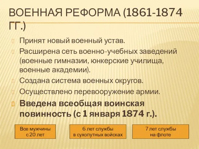 ВОЕННАЯ РЕФОРМА (1861-1874 ГГ.) Принят новый военный устав. Расширена сеть военно-учебных