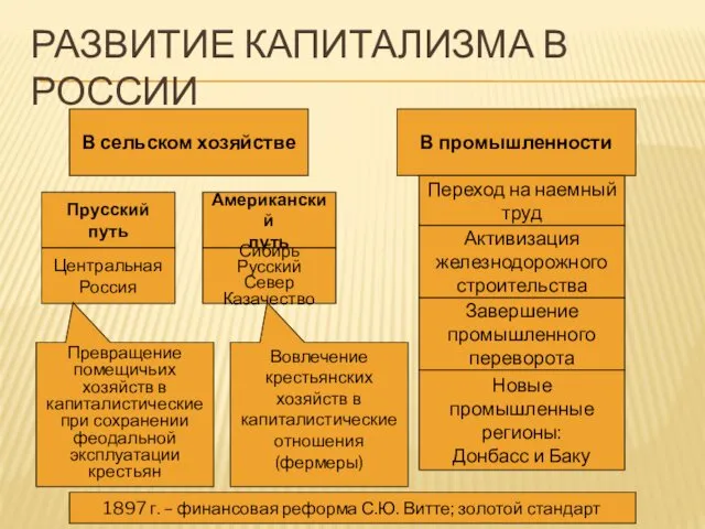 РАЗВИТИЕ КАПИТАЛИЗМА В РОССИИ В сельском хозяйстве В промышленности Прусский путь