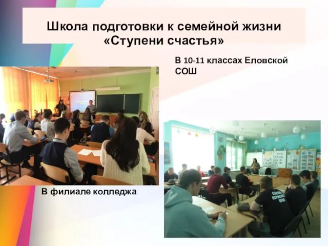 Школа подготовки к семейной жизни «Ступени счастья» В 10-11 классах Еловской СОШ В филиале колледжа