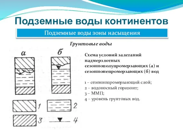 Подземные воды континентов Подземные воды зоны насыщения Грунтовые воды Схема условий