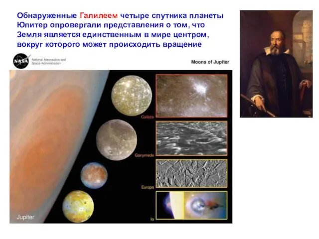 Обнаруженные Галилеем четыре спутника планеты Юпитер опровергали представления о том, что