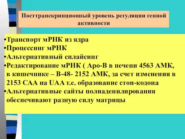 Посттранскрипционный уровень регуляции генной активности Транспорт мРНК из ядра Процессинг мРНК