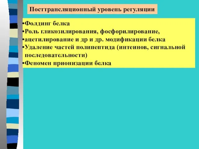 Посттрансляционный уровень регуляции Фолдинг белка Роль гликозилирования, фосфорилирование, ацетилирование и др