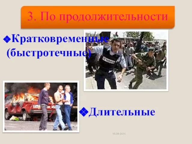 Кратковременные (быстротечные) 15.09.2011 3. По продолжительности Длительные