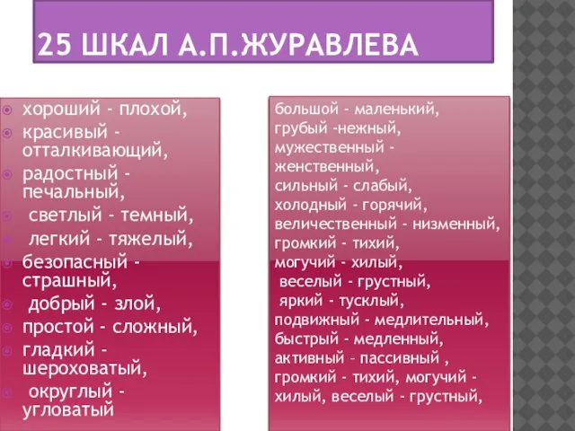 25 ШКАЛ А.П.ЖУРАВЛЕВА хороший - плохой, красивый -отталкивающий, радостный - печальный,