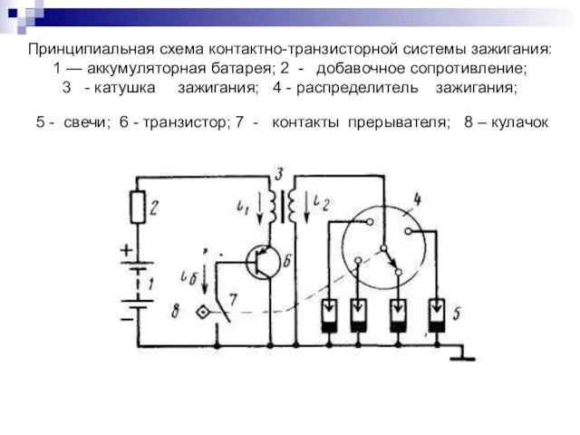 Принципиальная схема контактно-транзисторной системы зажигания: 1 — аккумуляторная батарея; 2 -