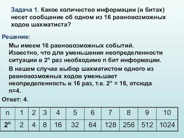 Задача 1. Какое количество информации (в битах) несет сообщение об одном