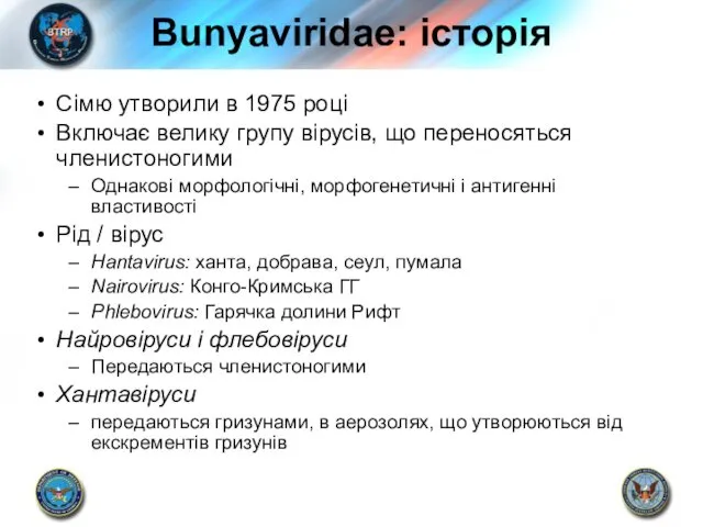 Bunyaviridae: історія Сімю утворили в 1975 році Включає велику групу вірусів,