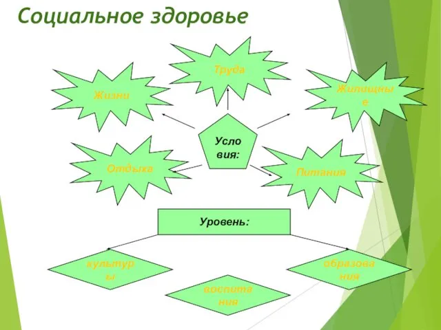 Социальное здоровье Условия: Жизни Труда Жилищные Питания Отдыха Уровень: культуры воспитания образования