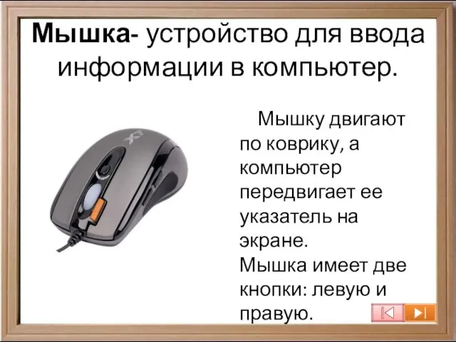 Мышка- устройство для ввода информации в компьютер. Мышку двигают по коврику,