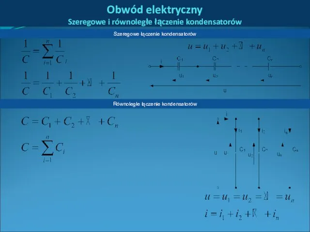 Obwód elektryczny Szeregowe i równoległe łączenie kondensatorów Równoległe łączenie kondensatorów Szeregowe łączenie kondensatorów