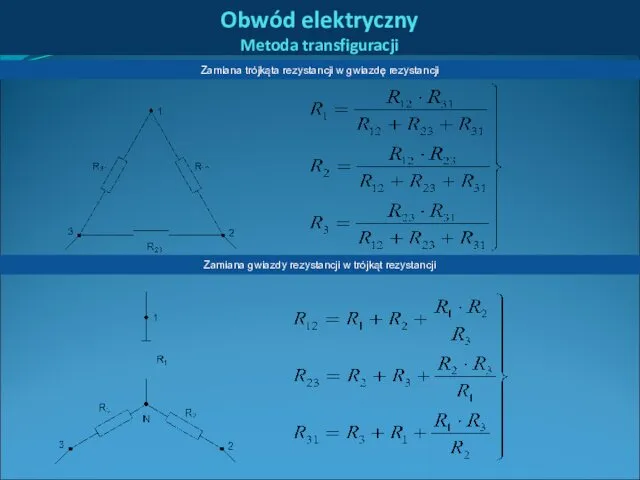 Obwód elektryczny Metoda transfiguracji Zamiana gwiazdy rezystancji w trójkąt rezystancji Zamiana trójkąta rezystancji w gwiazdę rezystancji