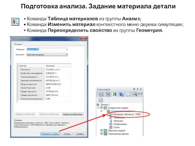 Подготовка анализа. Задание материала детали Команда Таблица материалов из группы Анализ;