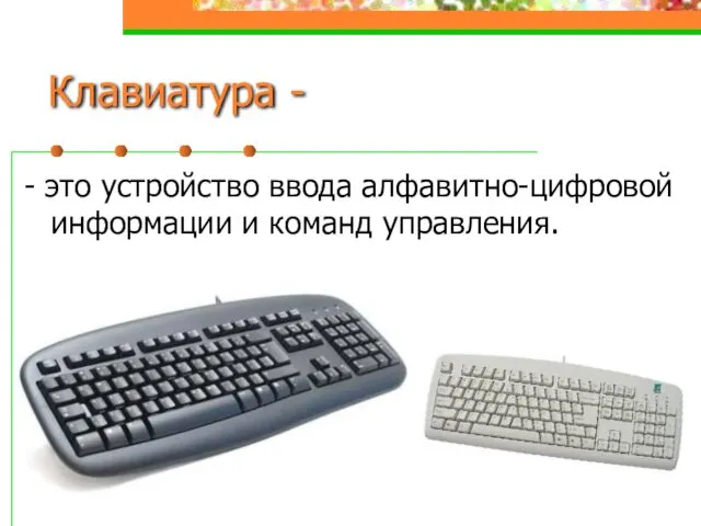 Клавиатура - - это устройство ввода алфавитно-цифровой информации и команд управления.