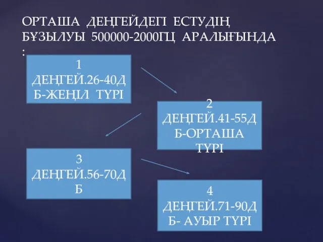 ОРТАША ДЕҢГЕЙДЕГІ ЕСТУДІҢ БҰЗЫЛУЫ 500000-2000ГЦ АРАЛЫҒЫНДА : 1 ДЕҢГЕЙ.26-40ДБ-ЖЕҢІЛ ТҮРІ 2