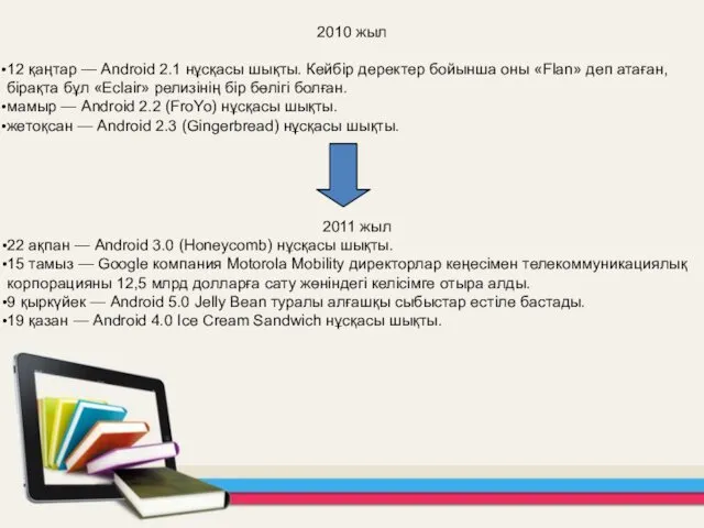 2010 жыл 12 қаңтар — Android 2.1 нұсқасы шықты. Кейбір деректер