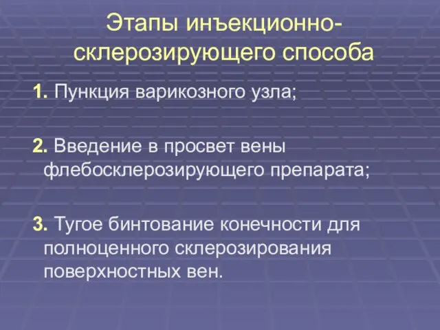 Этапы инъекционно-склерозирующего способа 1. Пункция варикозного узла; 2. Введение в просвет