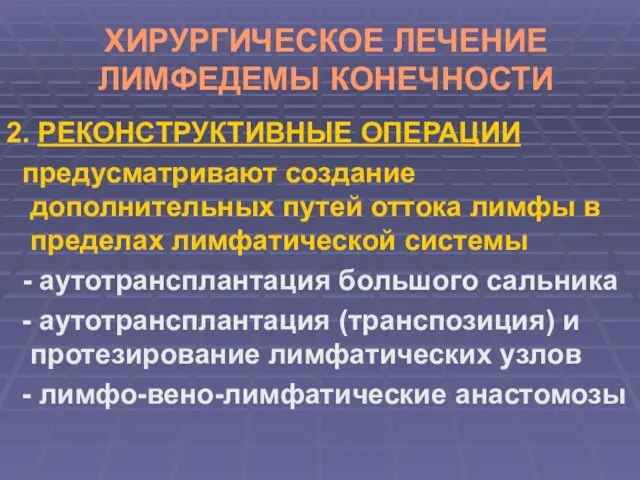 ХИРУРГИЧЕСКОЕ ЛЕЧЕНИЕ ЛИМФЕДЕМЫ КОНЕЧНОСТИ 2. РЕКОНСТРУКТИВНЫЕ ОПЕРАЦИИ предусматривают создание дополнительных путей