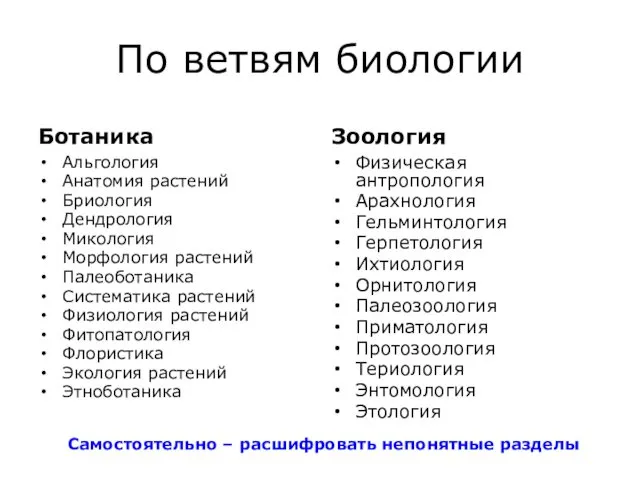 По ветвям биологии Ботаника Альгология Анатомия растений Бриология Дендрология Микология Морфология