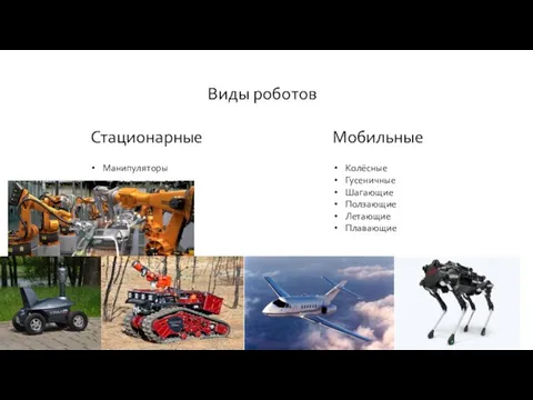 Виды роботов Стационарные Мобильные Манипуляторы Колёсные Гусеничные Шагающие Ползающие Летающие Плавающие