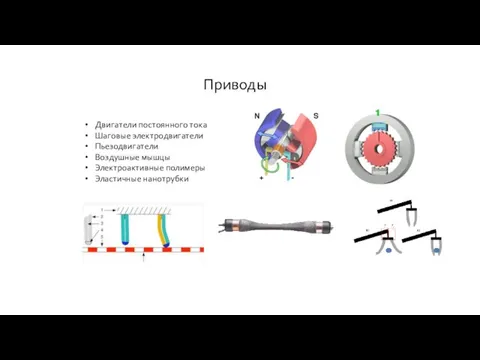 Приводы Двигатели постоянного тока Шаговые электродвигатели Пьезодвигатели Воздушные мышцы Электроактивные полимеры Эластичные нанотрубки