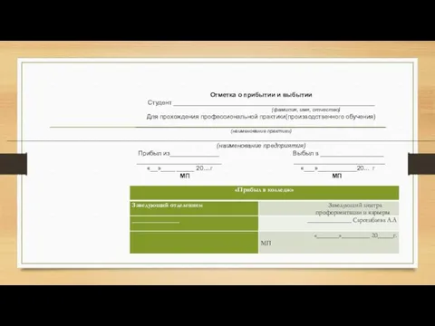 Отметка о прибытии и выбытии Студент _________________________________________________________ (фамилия, имя, отчество) Для