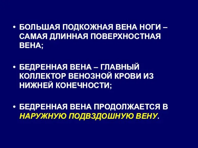 БОЛЬШАЯ ПОДКОЖНАЯ ВЕНА НОГИ – САМАЯ ДЛИННАЯ ПОВЕРХНОСТНАЯ ВЕНА; БЕДРЕННАЯ ВЕНА