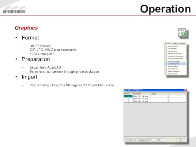 Operation Graphics Format BMP preferred, GIF, JPG, WMG also acceptable 1004