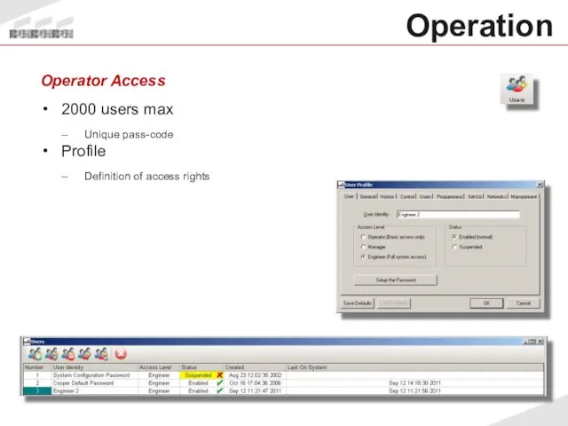 Operator Access 2000 users max Unique pass-code Profile Definition of access rights Operation