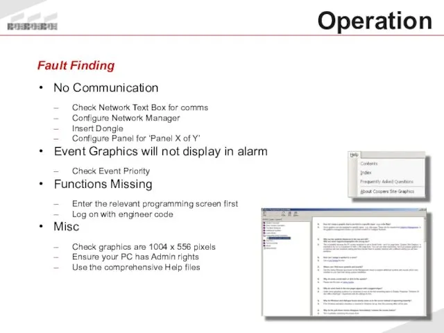 Operation Fault Finding No Communication Check Network Text Box for comms