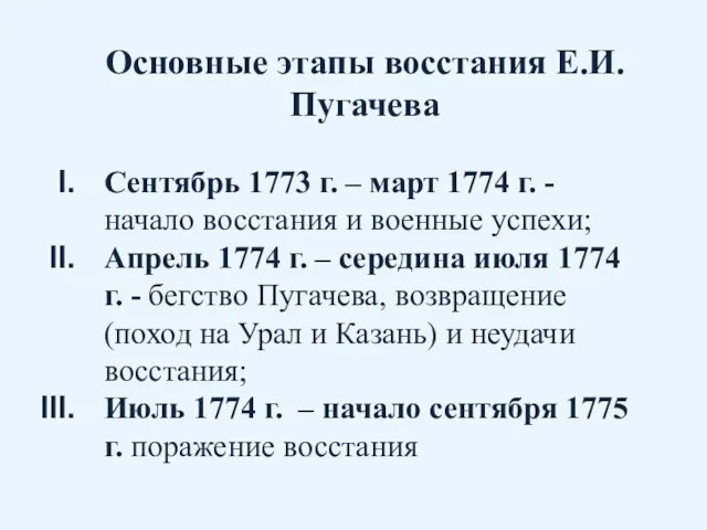 Сентябрь 1773 г. – март 1774 г. - начало восстания и