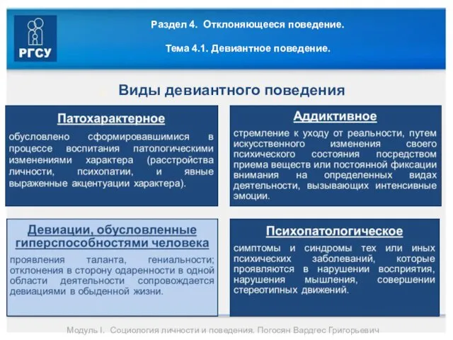 Раздел 4. Отклоняющееся поведение. Тема 4.1. Девиантное поведение. Виды девиантного поведения